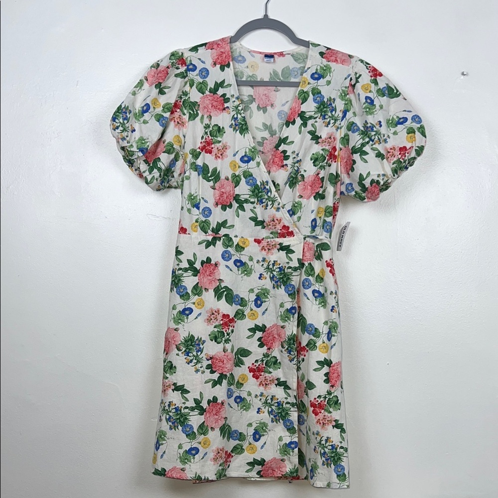 Old Navy New Women’s XL Linen Blend Short Puff Sleeve Floral Print‎ Wrap Dress
